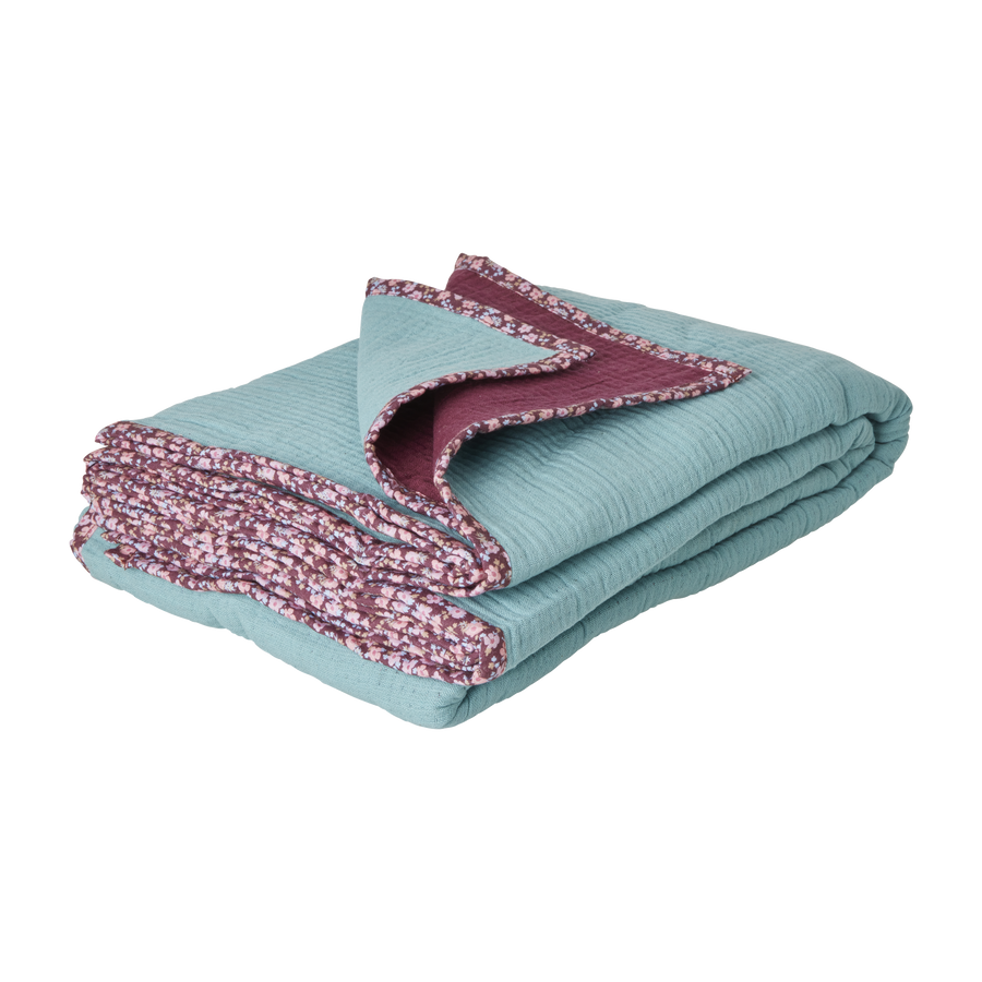 Cotton Crinkle Blanket with flower edge in Mint and Aubergine