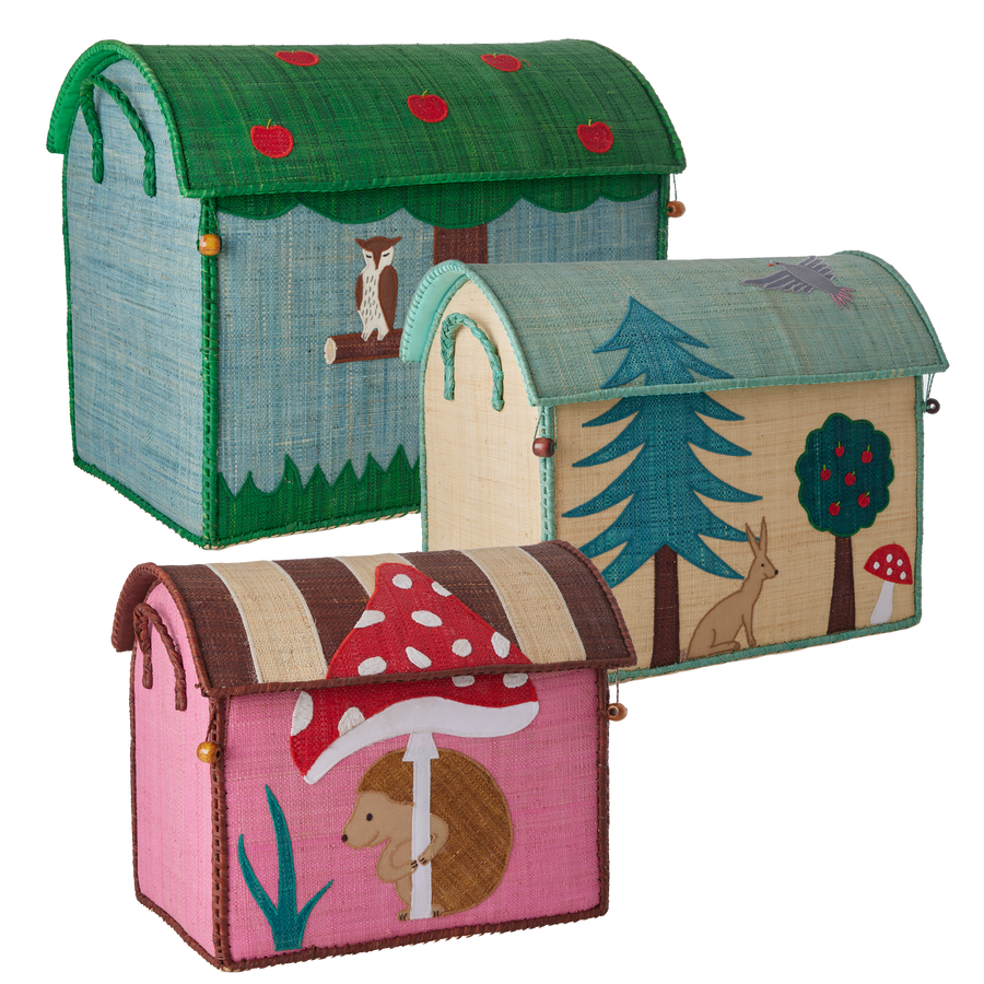 Raffia Storage House - Happy Forest Print - Set of 3