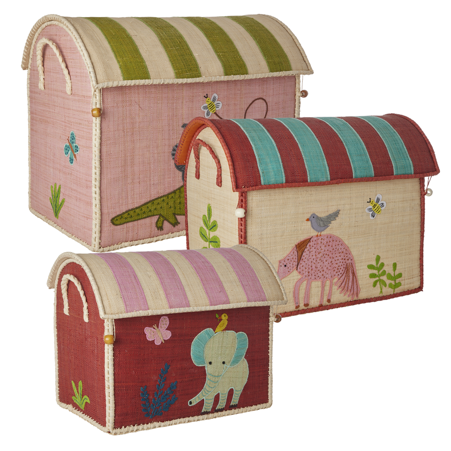 Handcrafted Raffia Toy Storage Baskets with Sweet Jungle Theme - Set Of 3