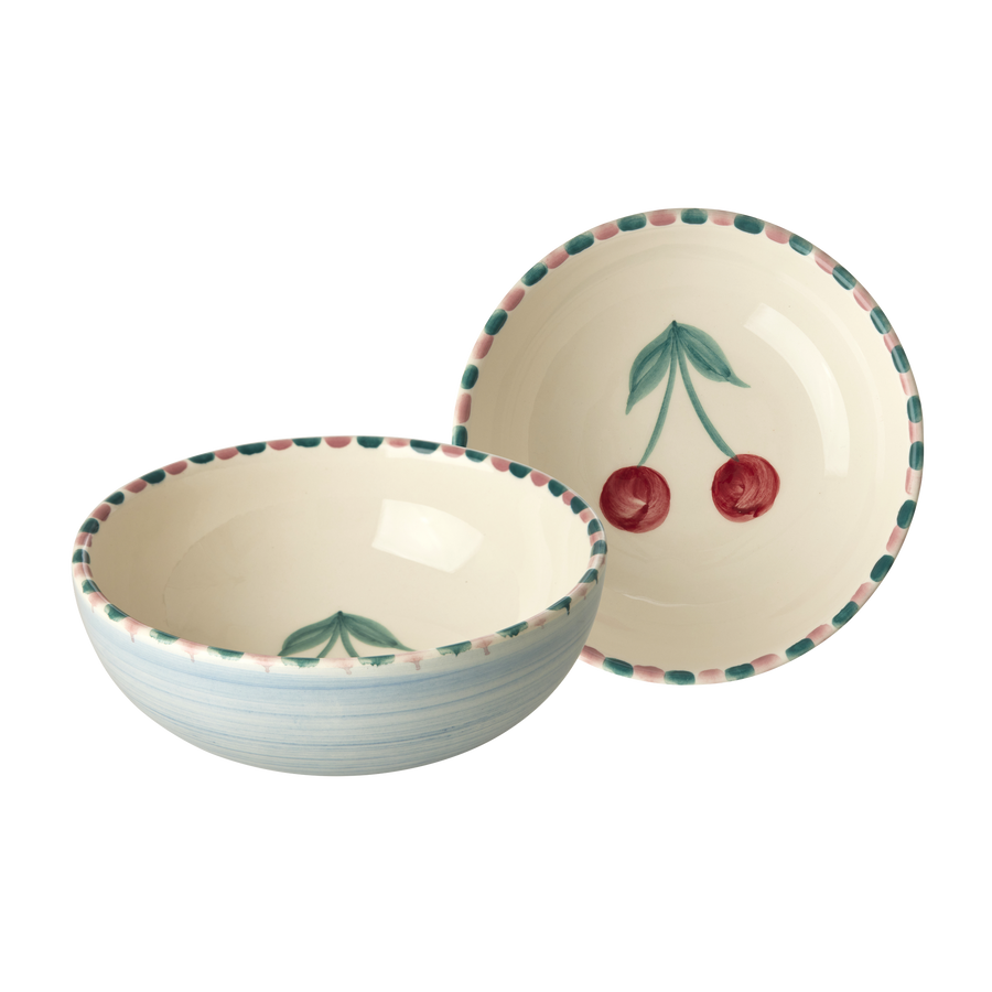 Ceramic Bowl - Soft Blue - Hand Painted Cherries
