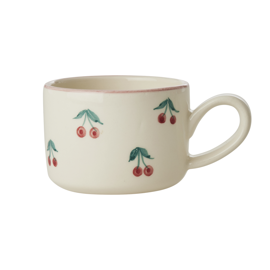 Ceramic Cappuccino Cup - Cream - Hand painted cherries