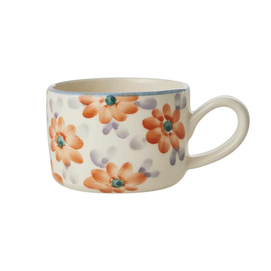 Ceramic Cappuccino Cup - Orange - Hand Painted Flowers