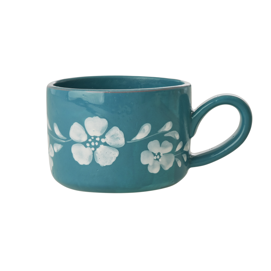 Ceramic Cappuccino Cup - Jade - Hand Painted Flowers in White