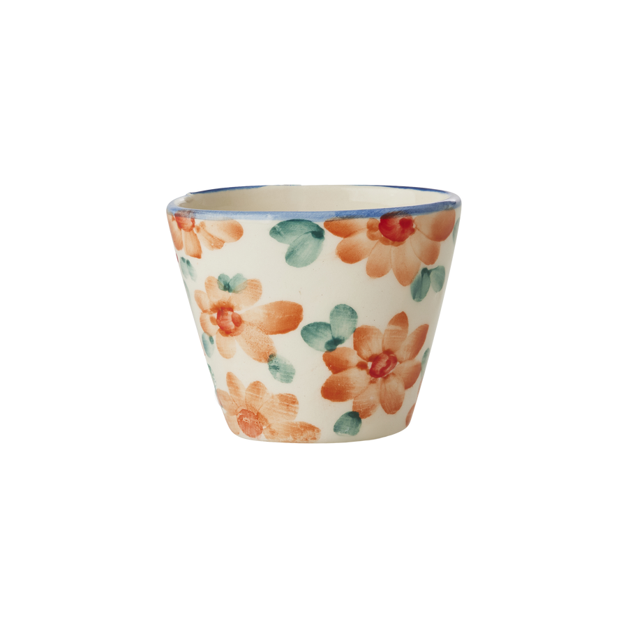 Small Oval Ceramic Espresso Cup - Orange - Hand Painted Flowers