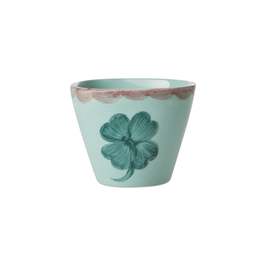 Small Oval Ceramic Espresso Cup - Soft Green - Hand Painted Clover
