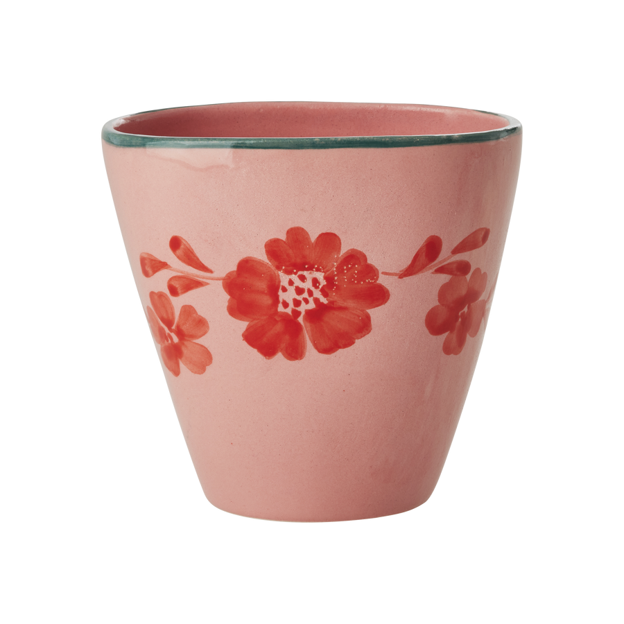 Oval Ceramic Cup- Pink- Hand Painted Flowers