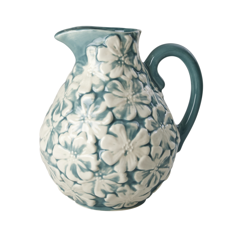 Embossed Flower Ceramic Jug - Green/Blue