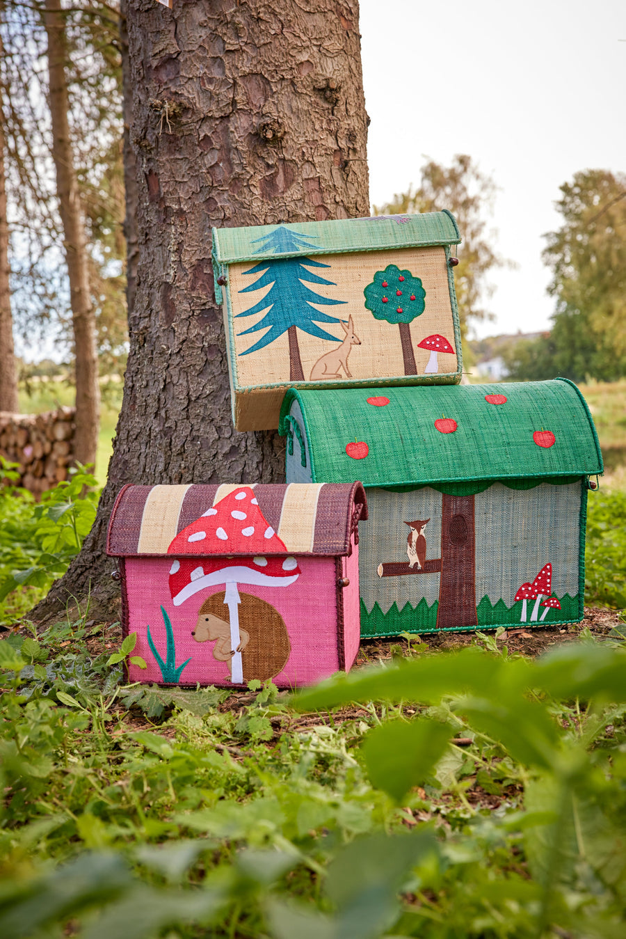 Raffia Storage House - Happy Forest Print - Set of 3