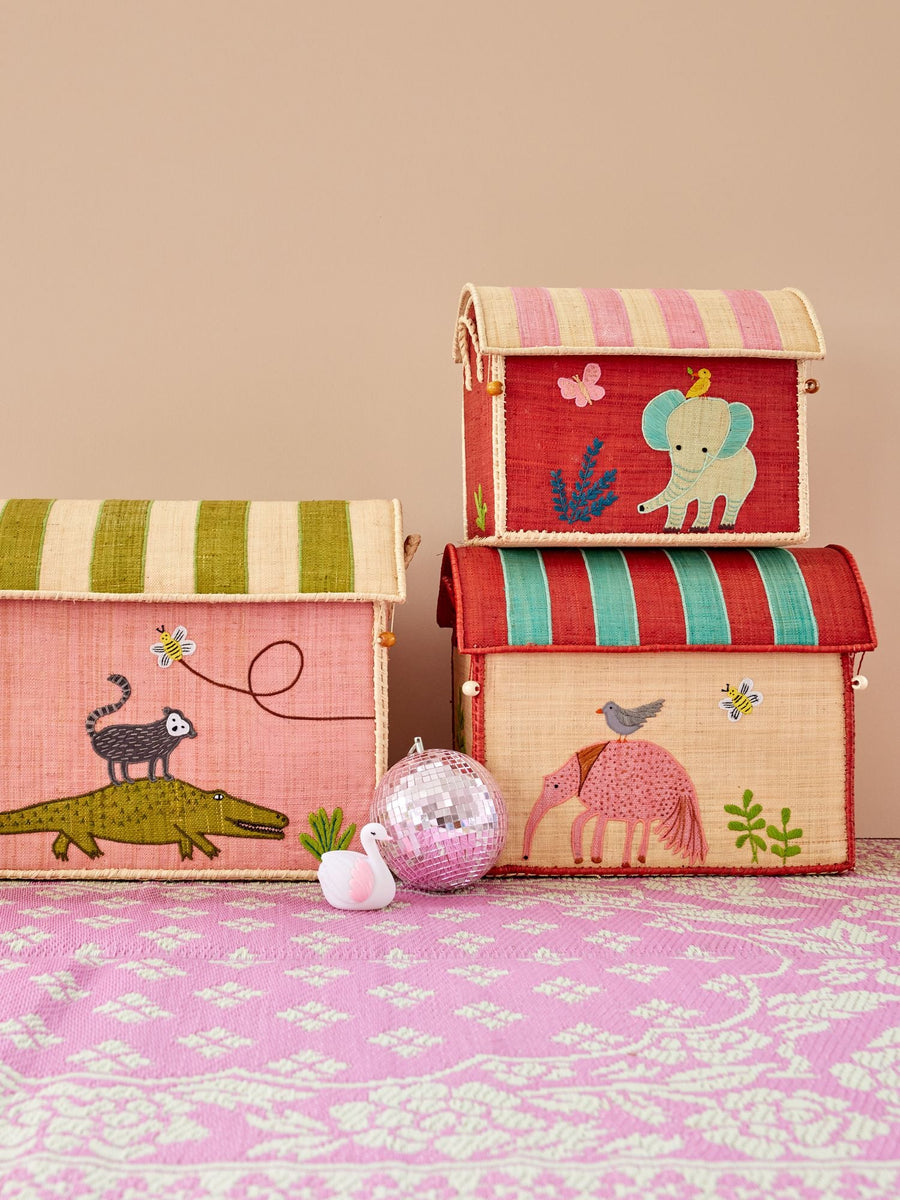Handcrafted Raffia Toy Storage Baskets with Sweet Jungle Theme - Set Of 3