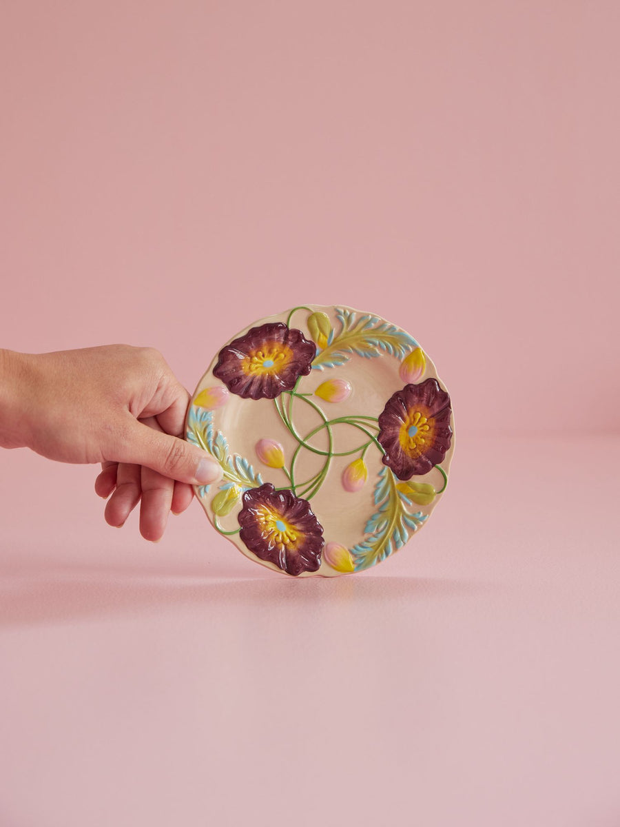 Ceramic Cake Plate with Embossed Flower design - soft sand