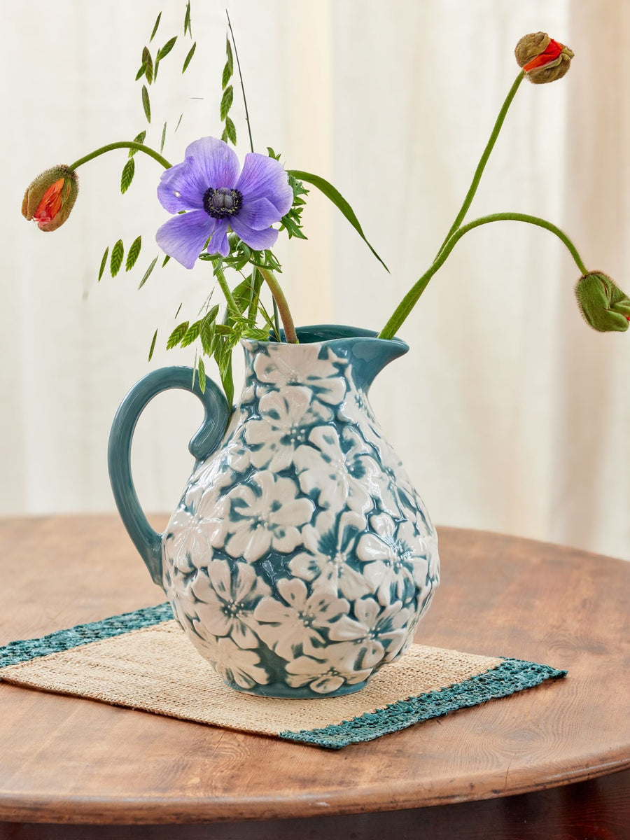 Embossed Flower Ceramic Jug - Green/Blue