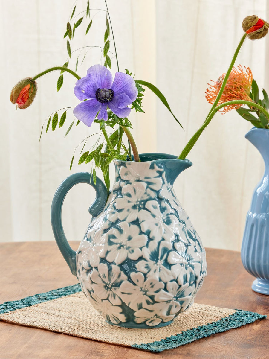 Embossed Flower Ceramic Jug - Green/Blue