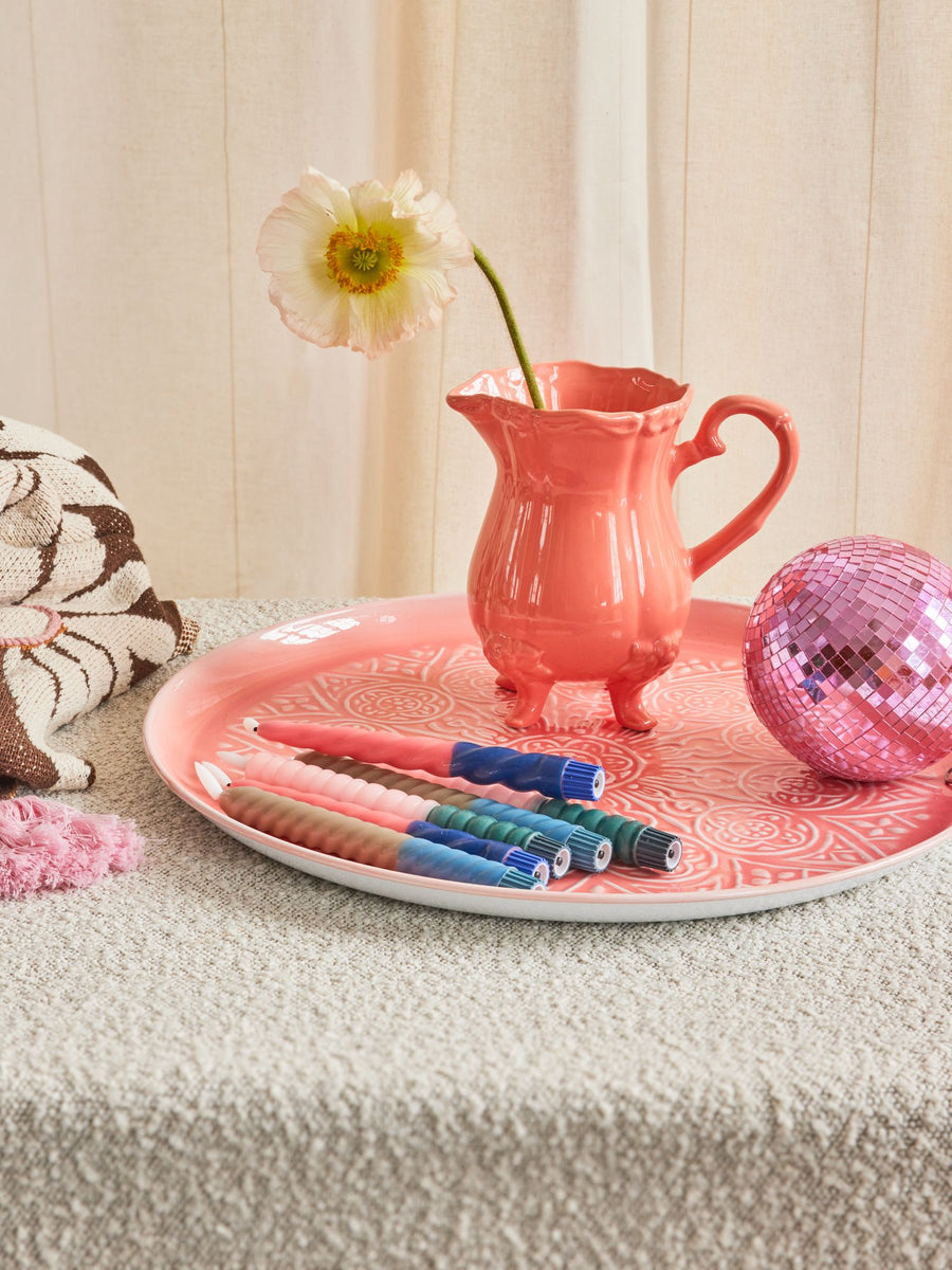 Metal Round Tray in Coral With Embossed Details - Large