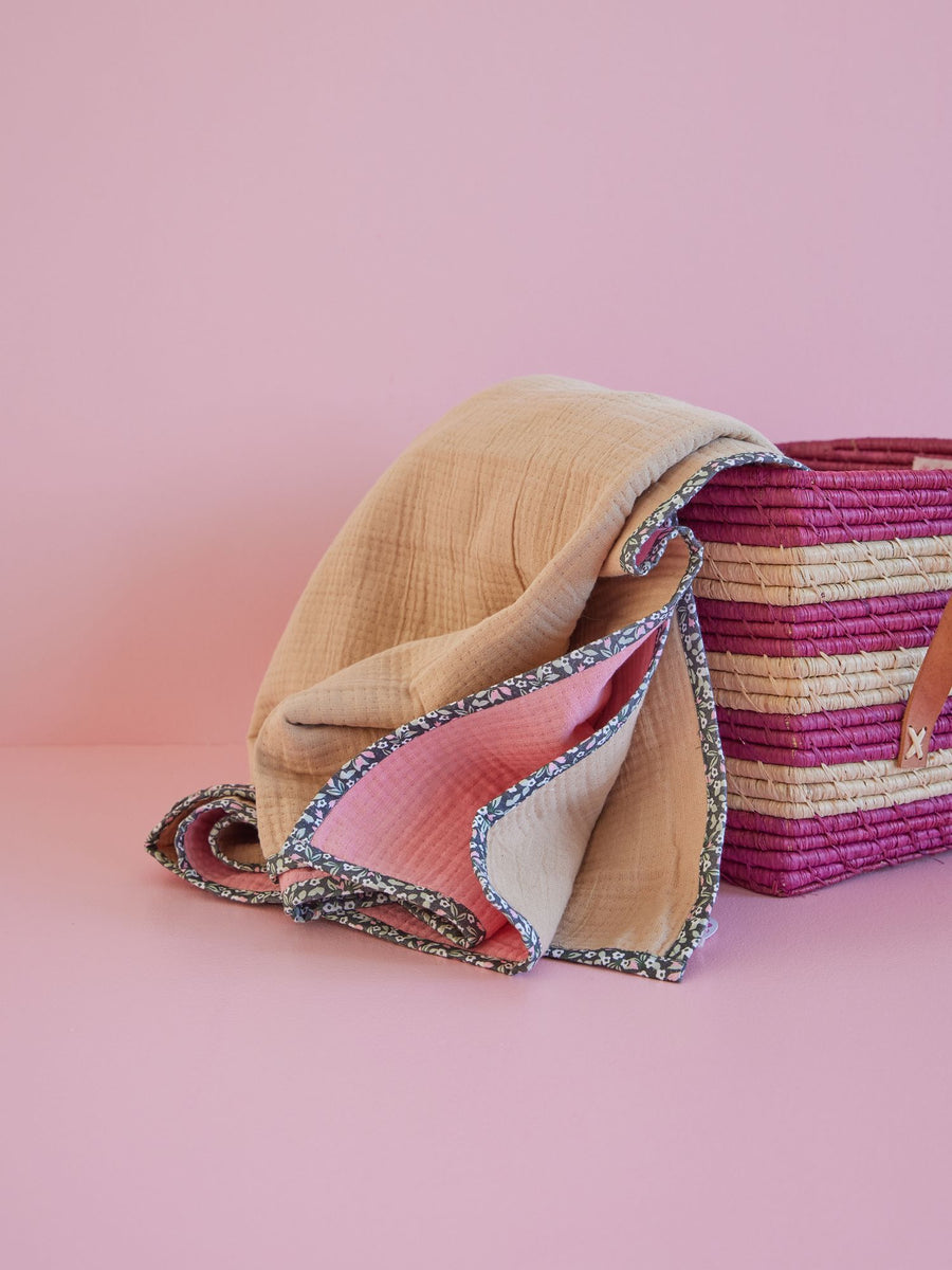 Cotton Crinkle Blanket with Flower Edge in Beige and Soft Pink