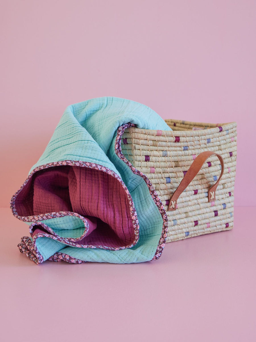 Cotton Crinkle Blanket with flower edge in Mint and Aubergine