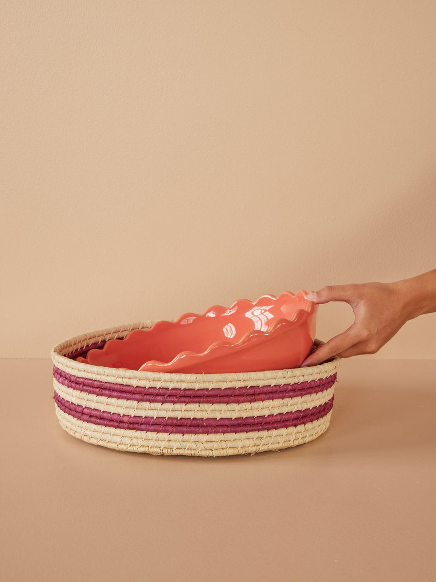 Raffia Basket with Aubergine Stripes - Large