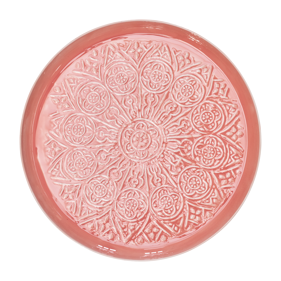Metal Round Tray in Coral With Embossed Details - Large