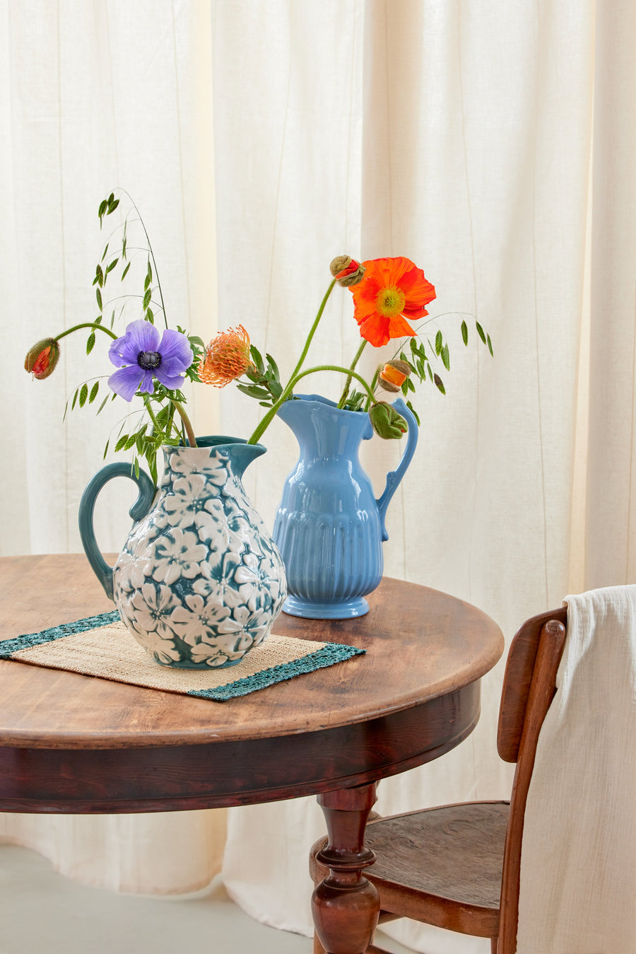 Embossed Flower Ceramic Jug - Green/Blue