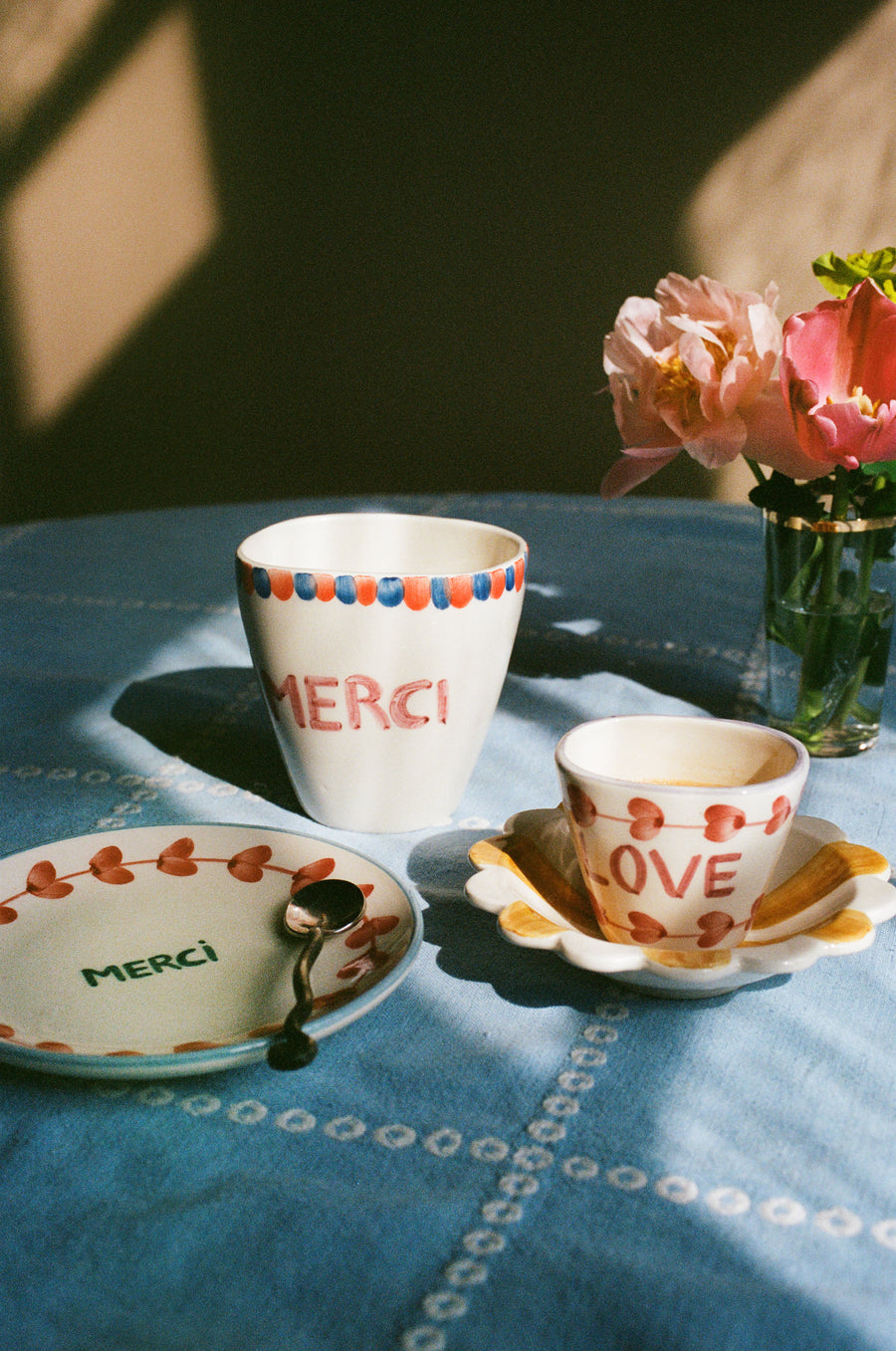 Oval Ceramic Cup - Cream- Hand Painted Merci