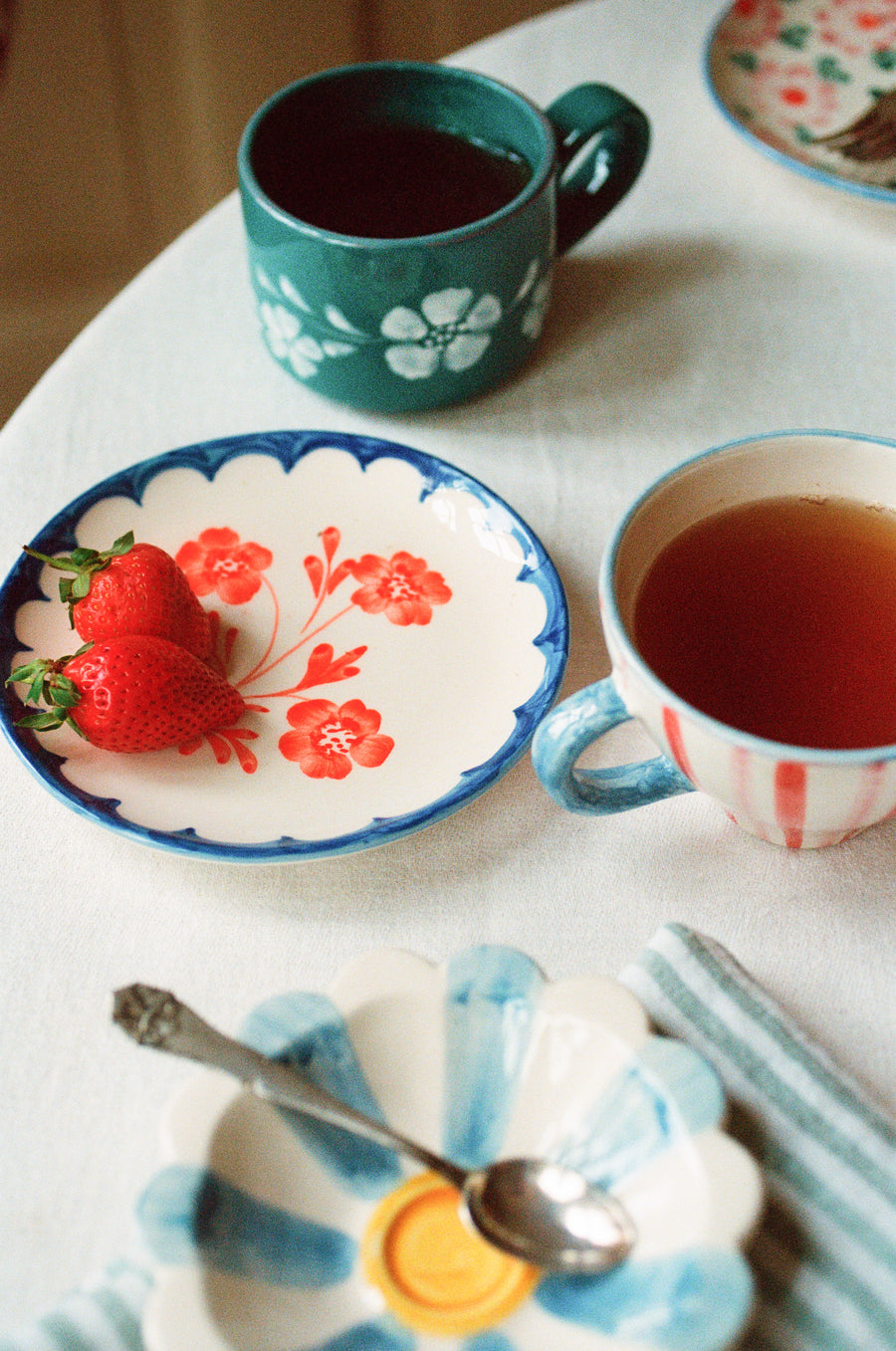 Small Ceramic Dipping Bowl - Soft Blue - Hand Painted Stripes