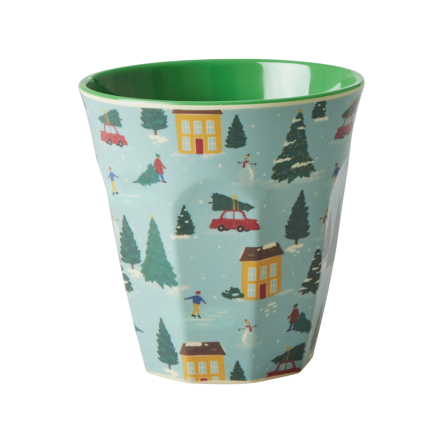 Medium Melamine Cup - Blue - Happy Holiday Print