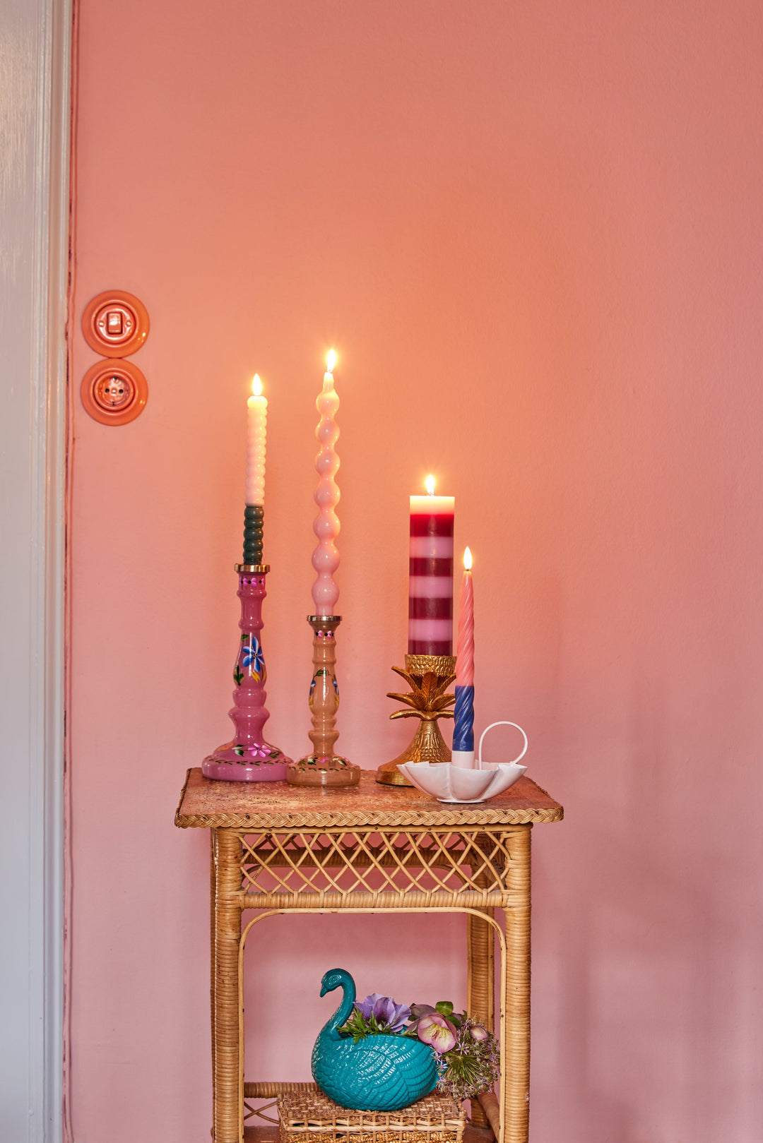 Bubble LED Candle in Green and Soft Pink