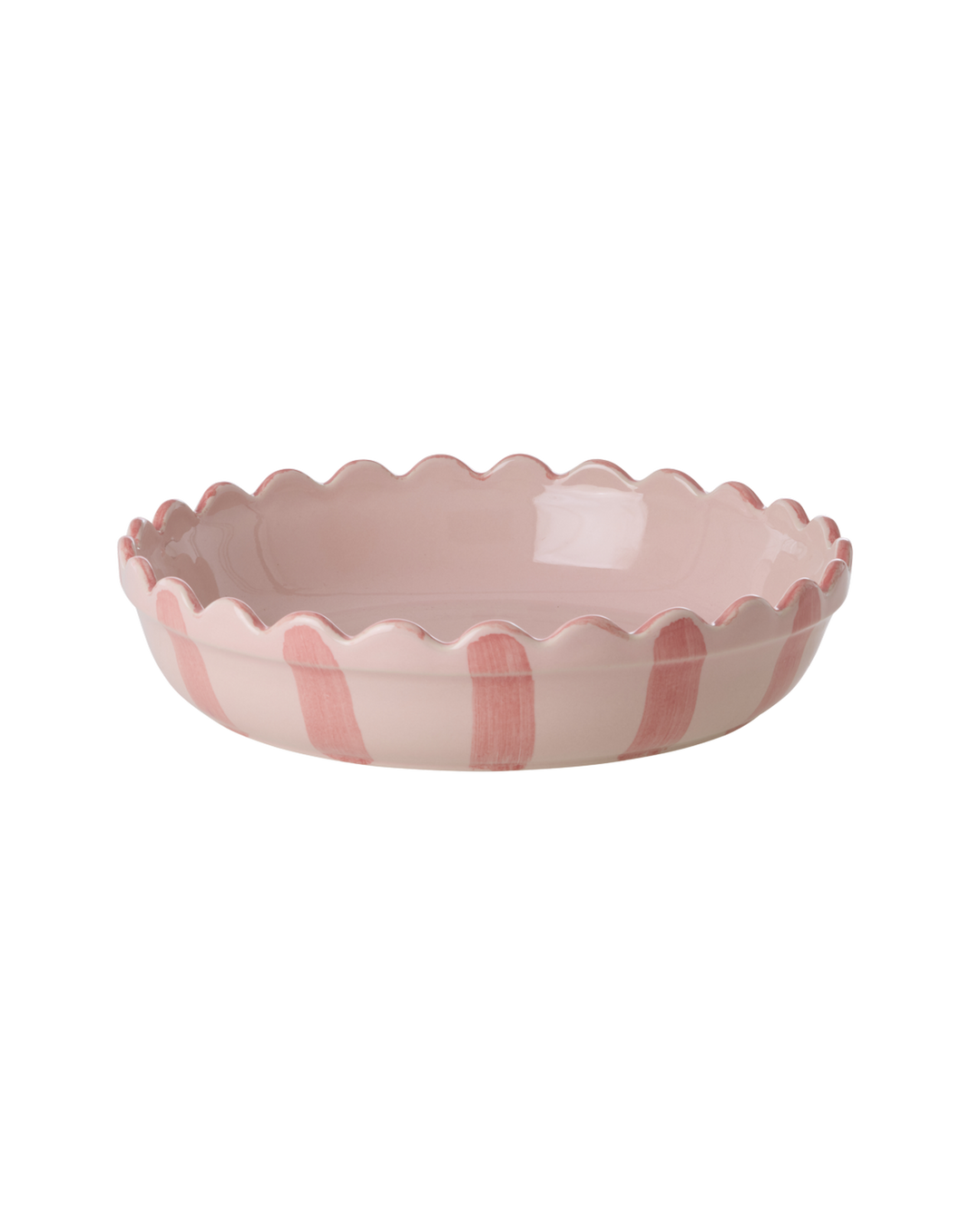 Stoneware Pie Dish in Pink with Coral Stripes and Edge - Small