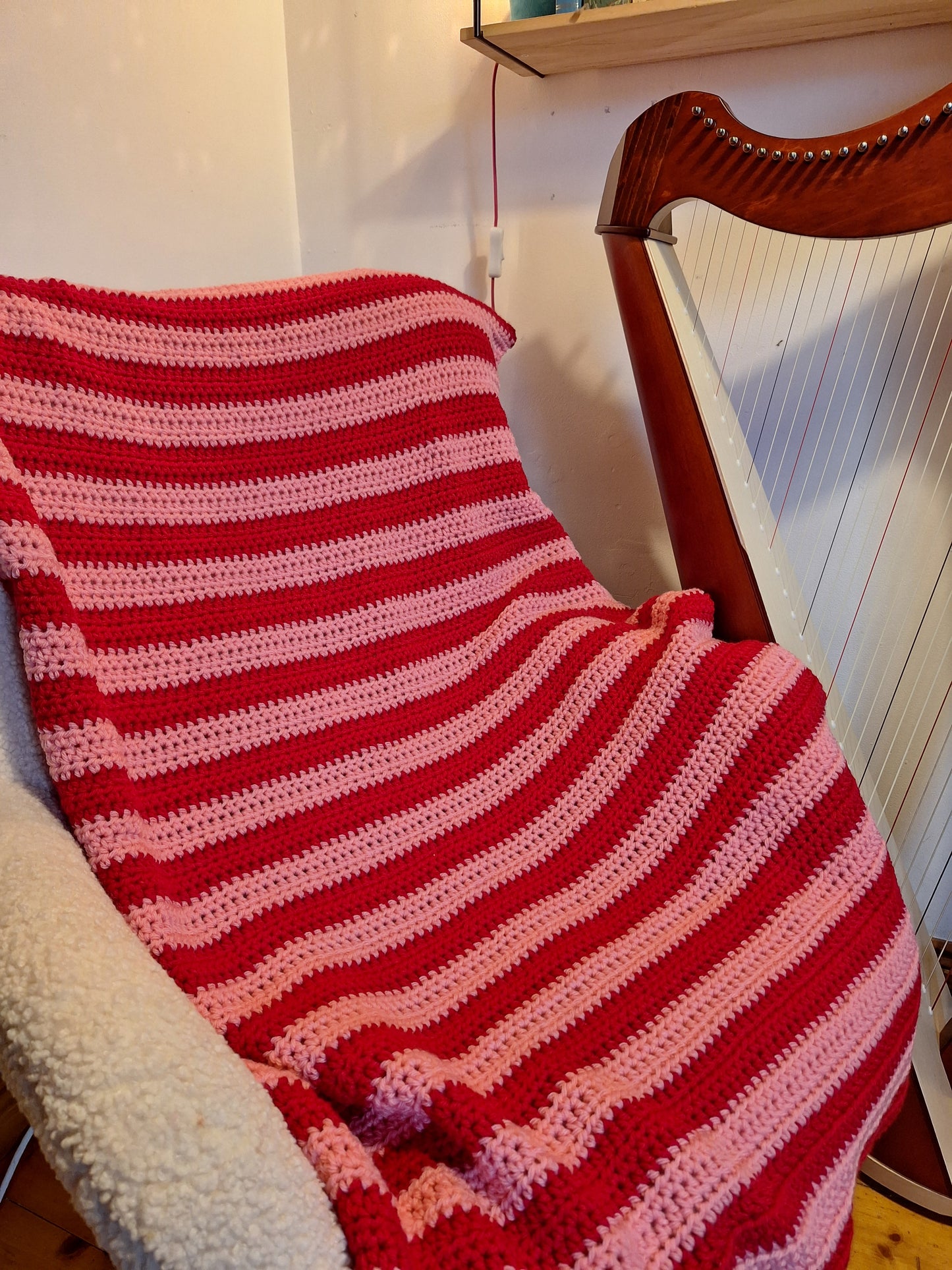 Chunky Stripe Crochet Blanket in Pink and Red – Handmade by Denise