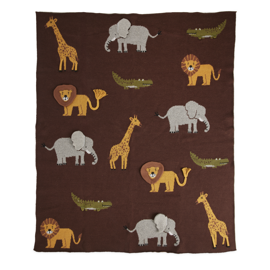 Knitted Baby Blanket in Chocolate Brown with Animals
