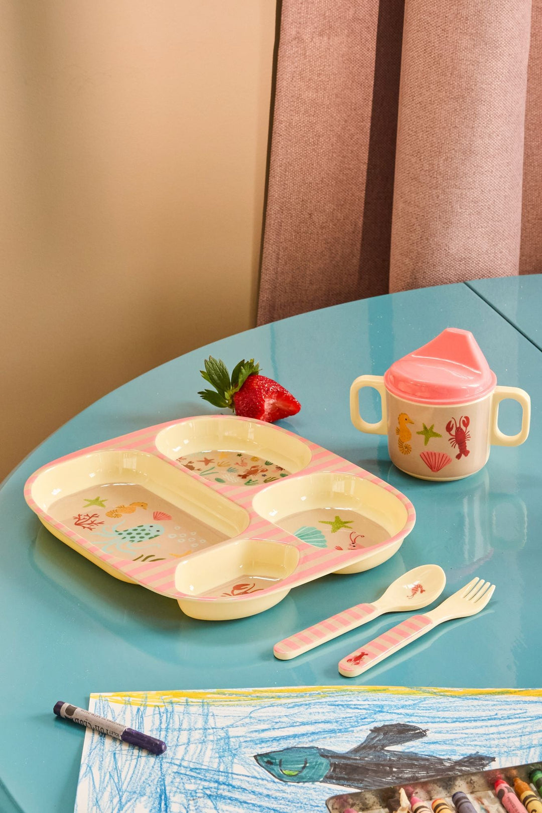 Kids Melamine Spoon and Fork Set - Coral Ocean Print