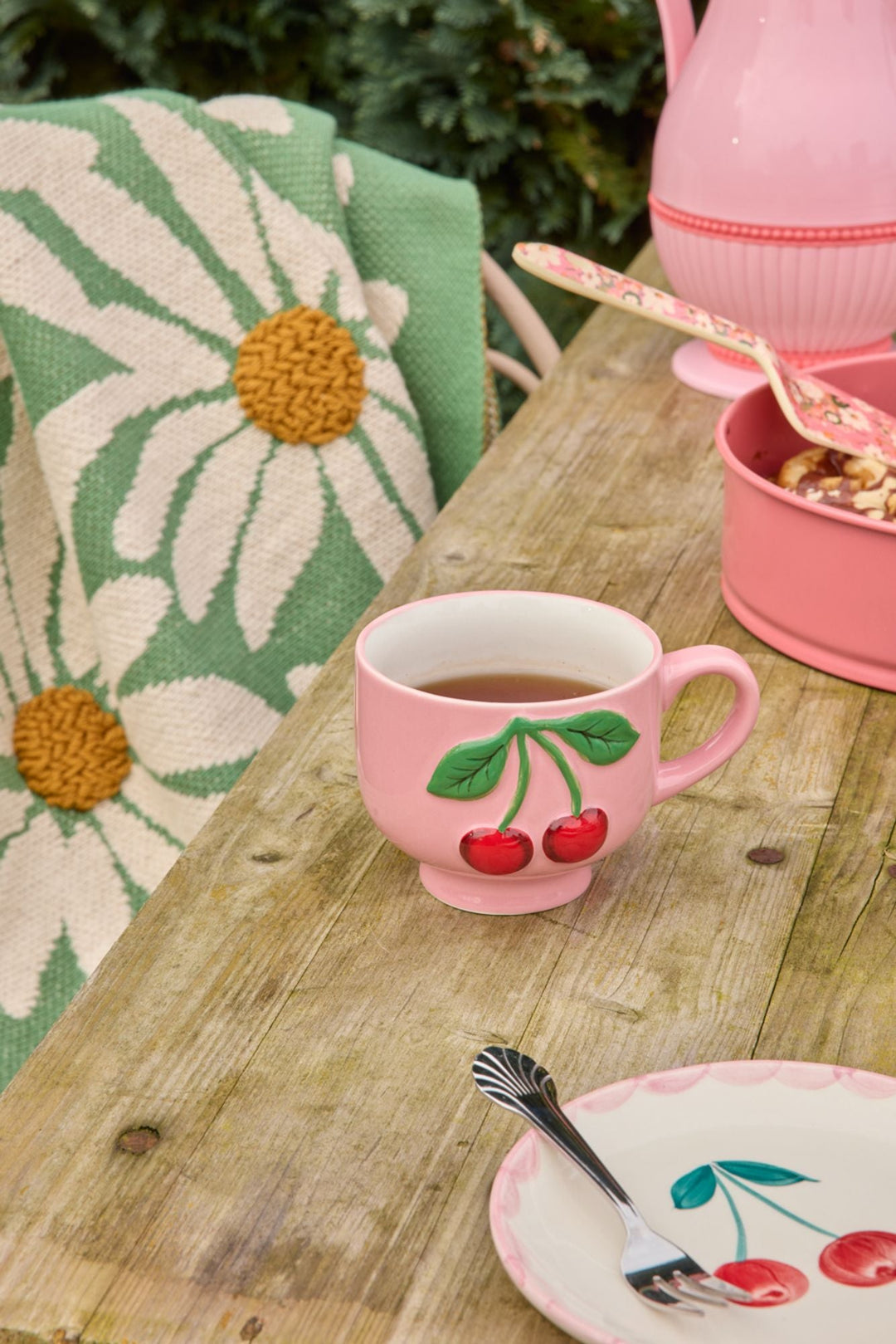 Ceramic Mug with Embossed Red Cherries - Pink