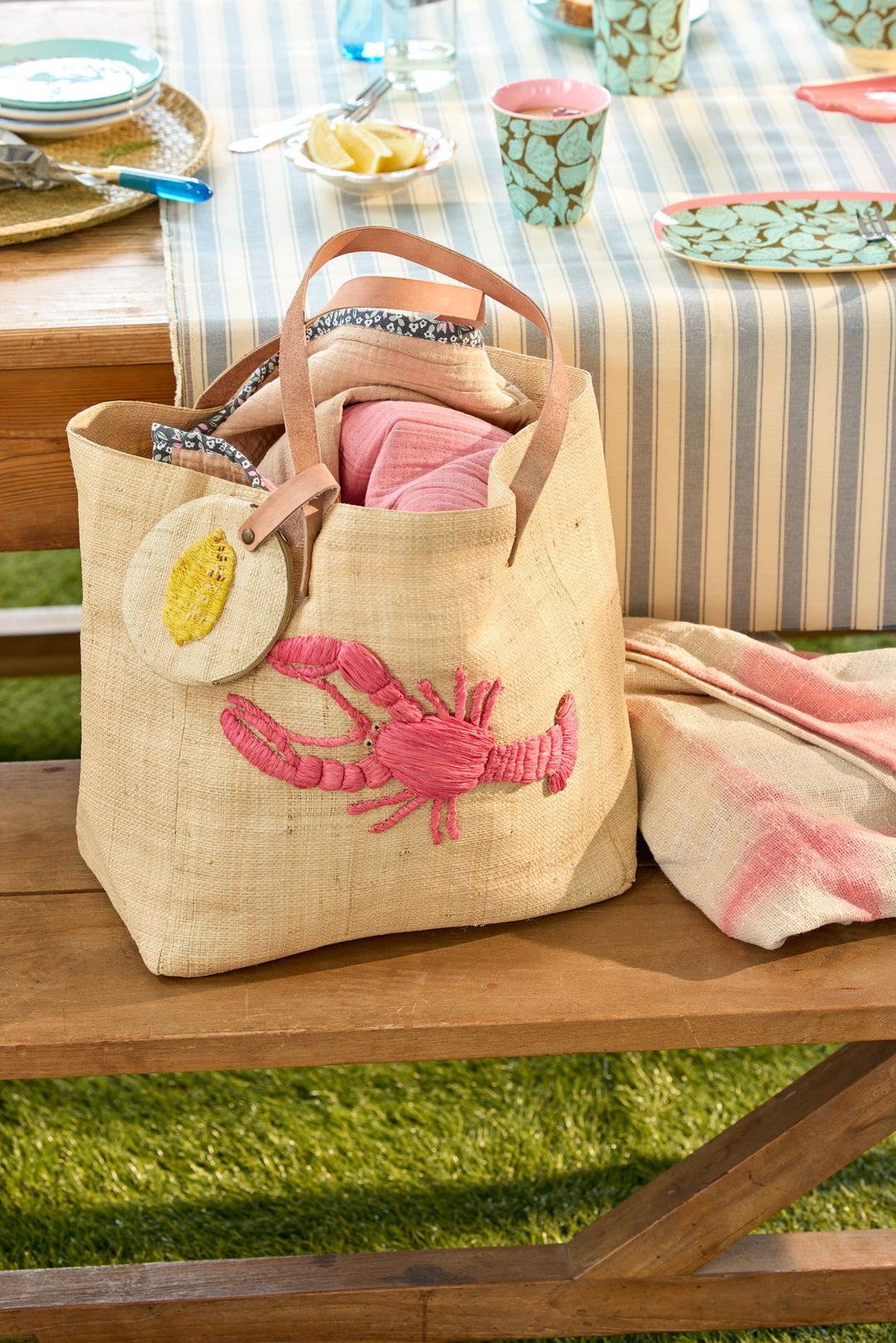 Raffia Bag with Lobster Embroidery and Coin Purse