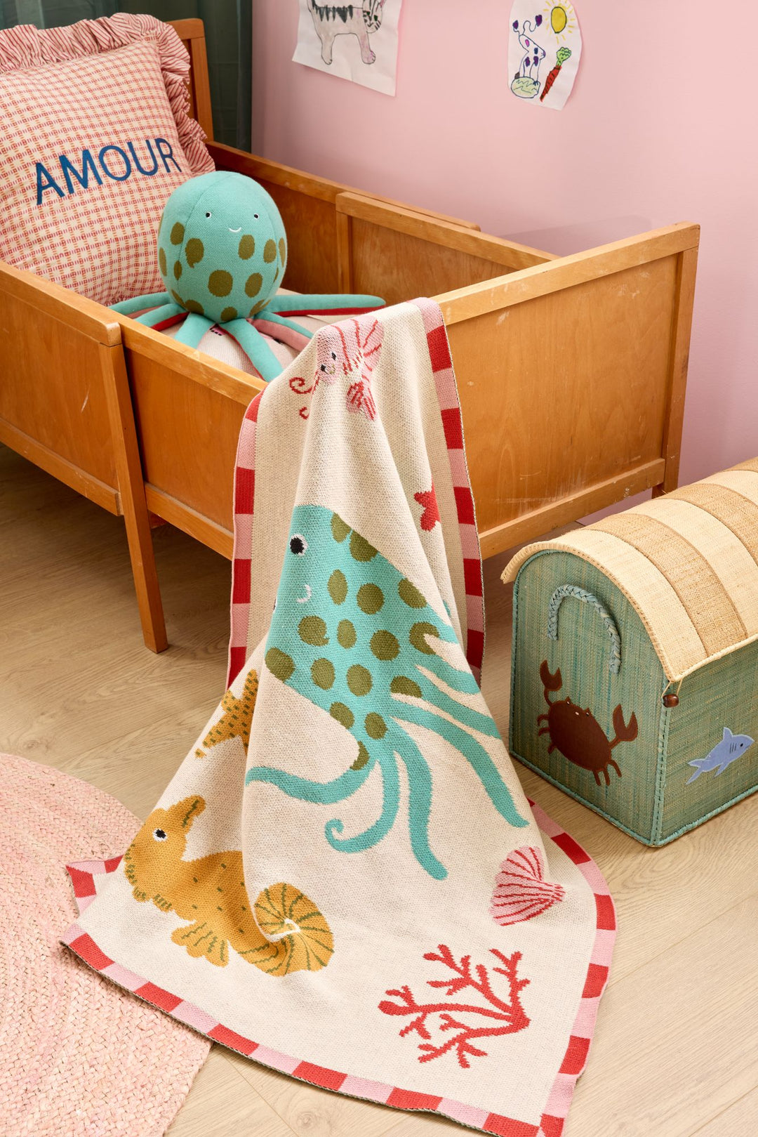 Knitted Baby Blanket with Coral Ocean Design