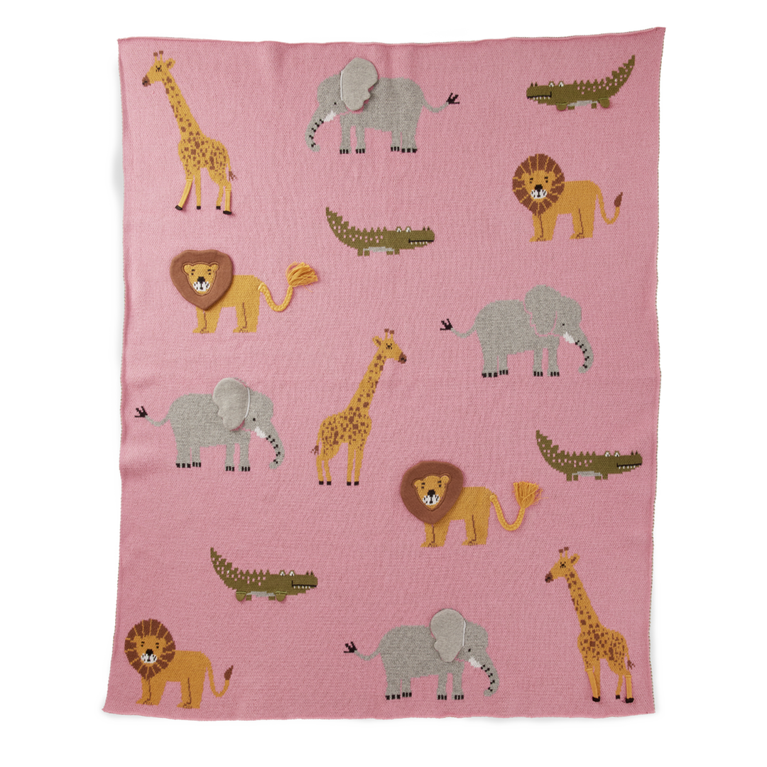 Knitted Baby Blanket in Pink with Animals