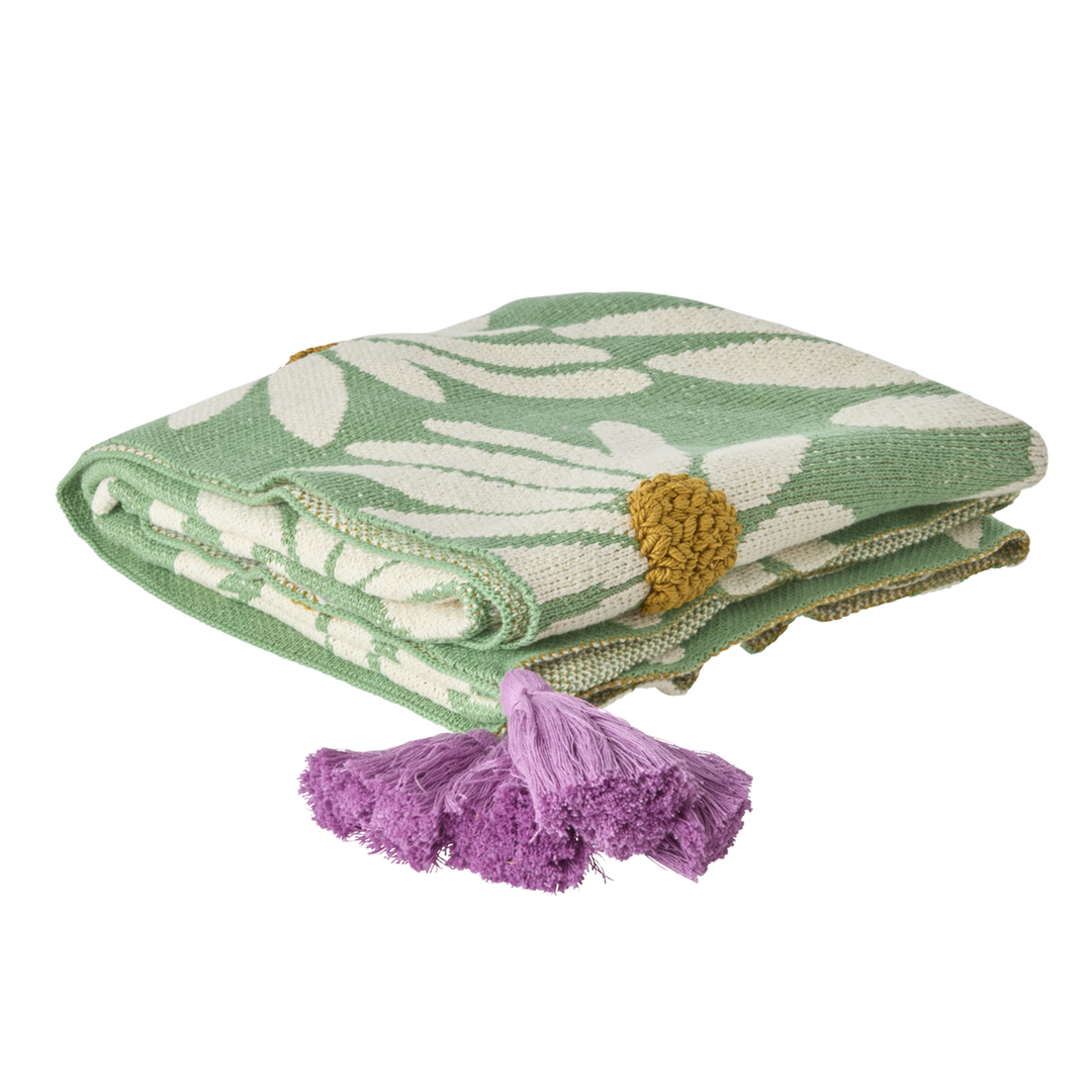 Knitted Blanket in Green with Embossed Flowers and Purple Tassels