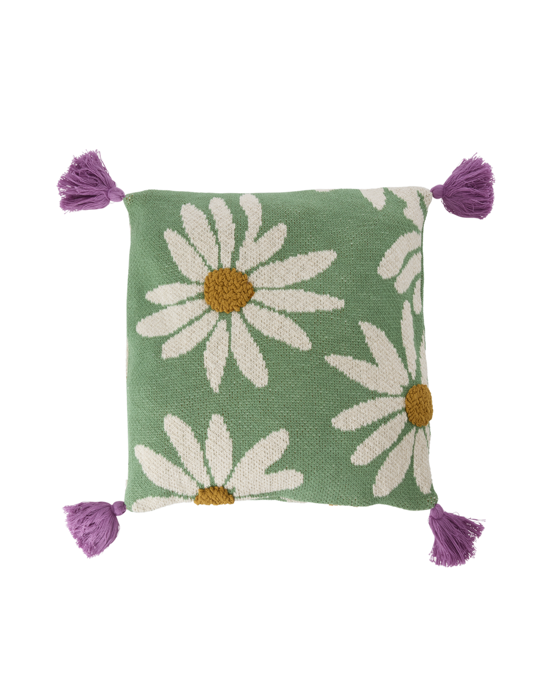 Square Knitted Cushion with Flowers and Tassels