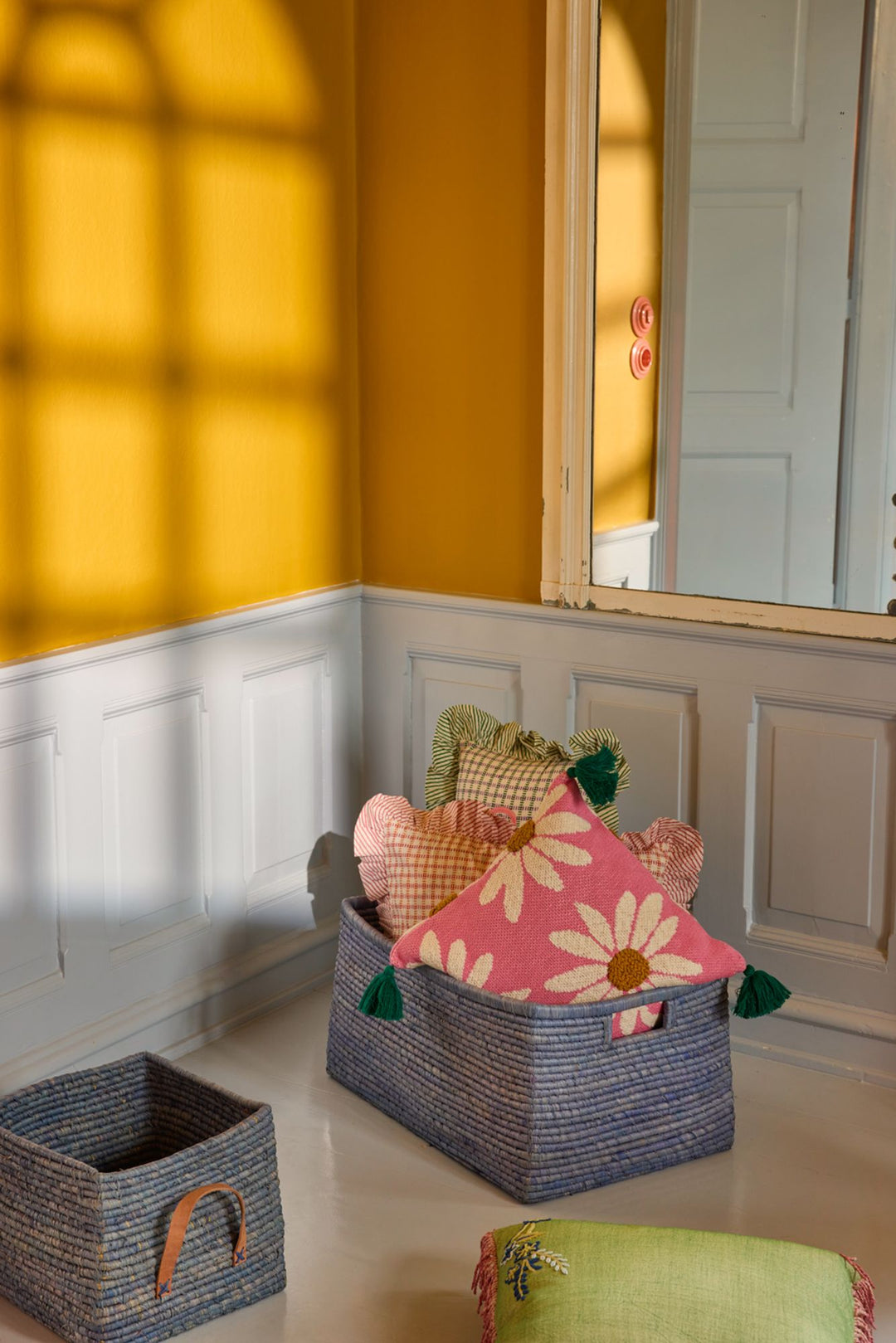 Square Knitted Cushion with Flowers and Tassels