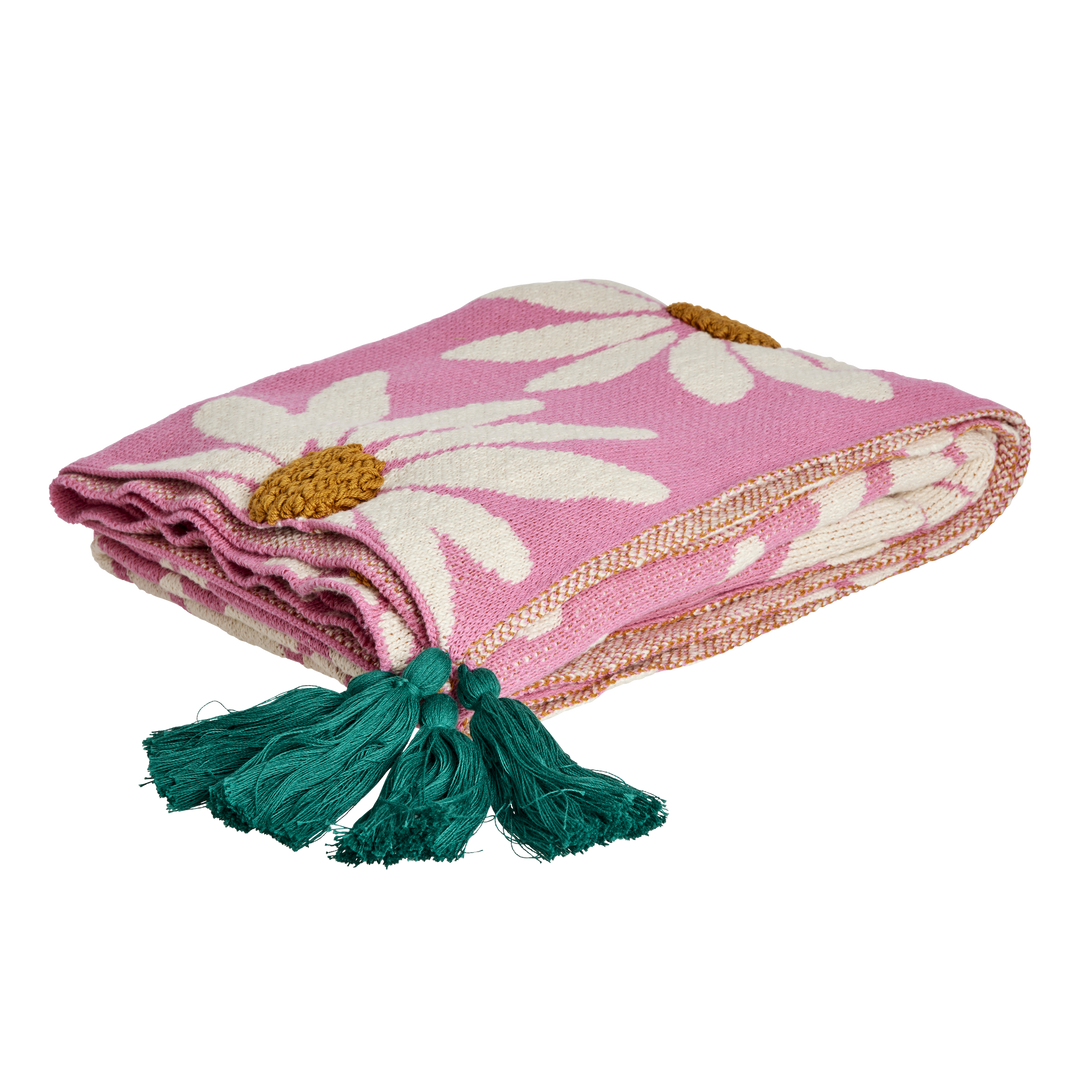 Knitted Blanket in Pink with Embossed Flowers and Green Tassels