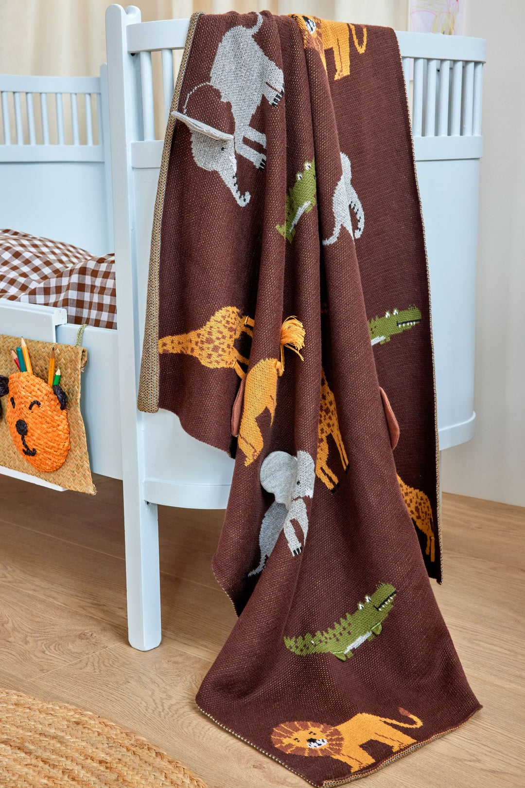 Knitted Baby Blanket in Chocolate Brown with Animals