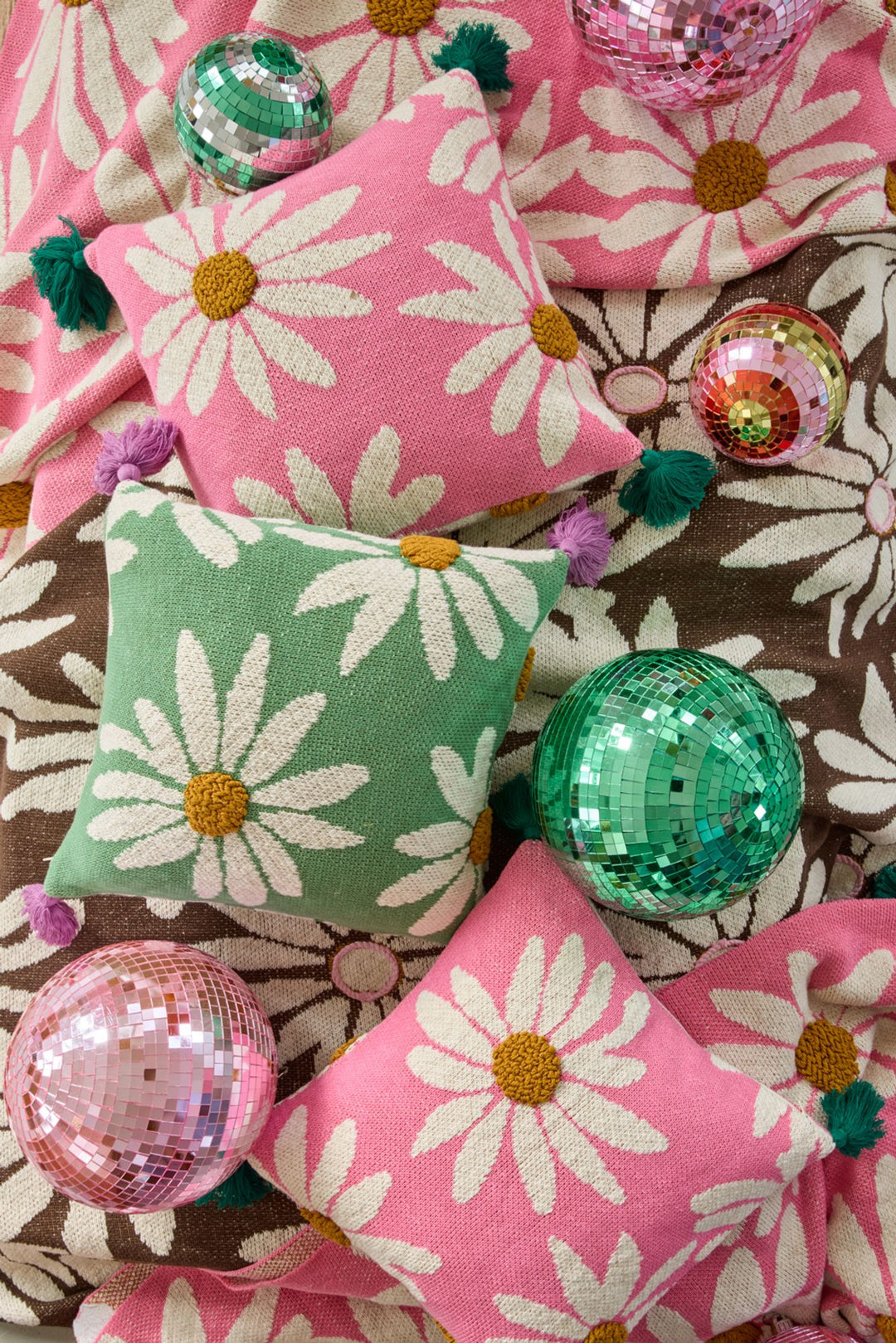 Square Knitted Cushion with Flowers and Tassels