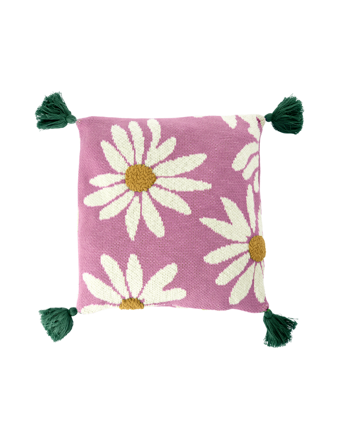 Square Knitted Cushion with Flowers and Tassels