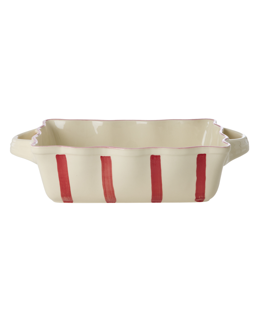 Stoneware Oven Dish in Cream with Red Stripes and Pink Edge - Medium