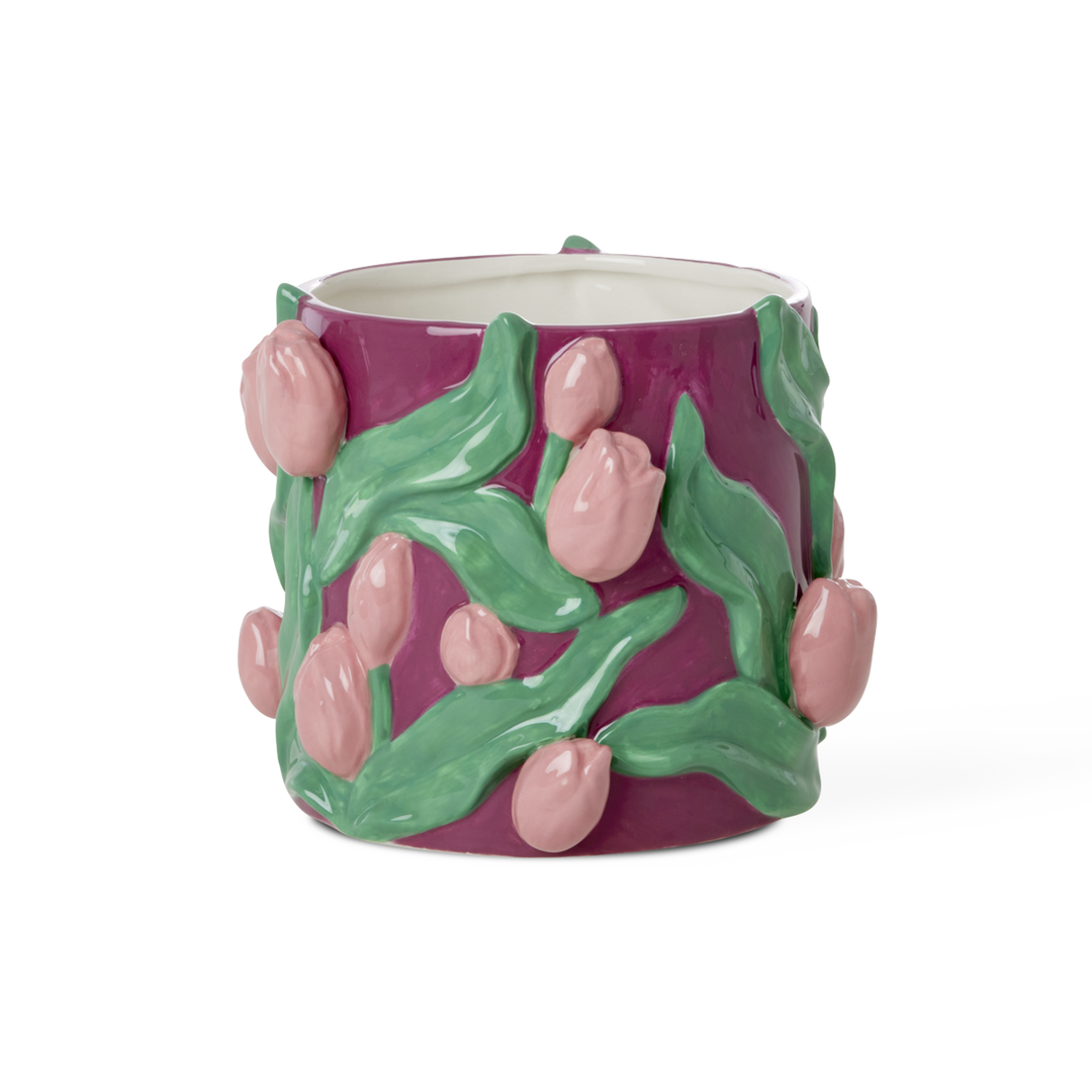 Ceramic Flower Pot/Vase - Bordeaux Embossed Tulips Design