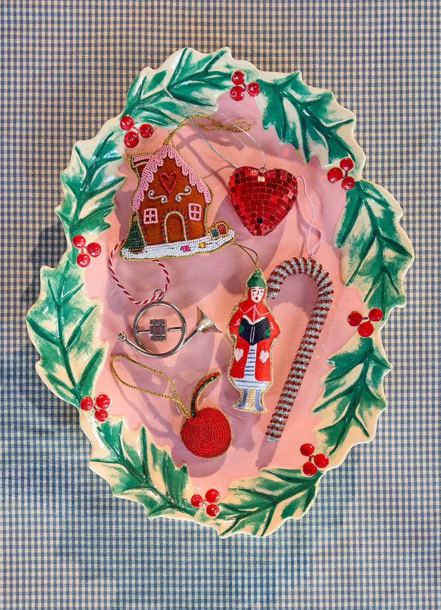 Melamine Christmas Serving Dish - Pink with Holly Edge