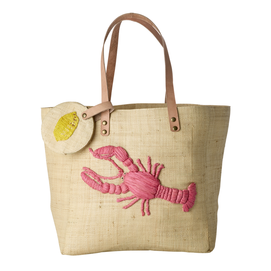 Raffia Bag with Lobster Embroidery and Coin Purse