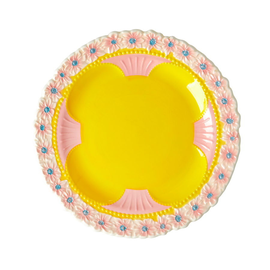 Ceramic Lunch Plate by Rice with Embossed Flower Design - Yellow
