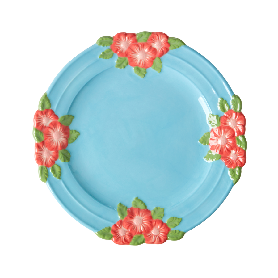 Ceramic Dinner Plate by Rice with Embossed Flowers - Blue