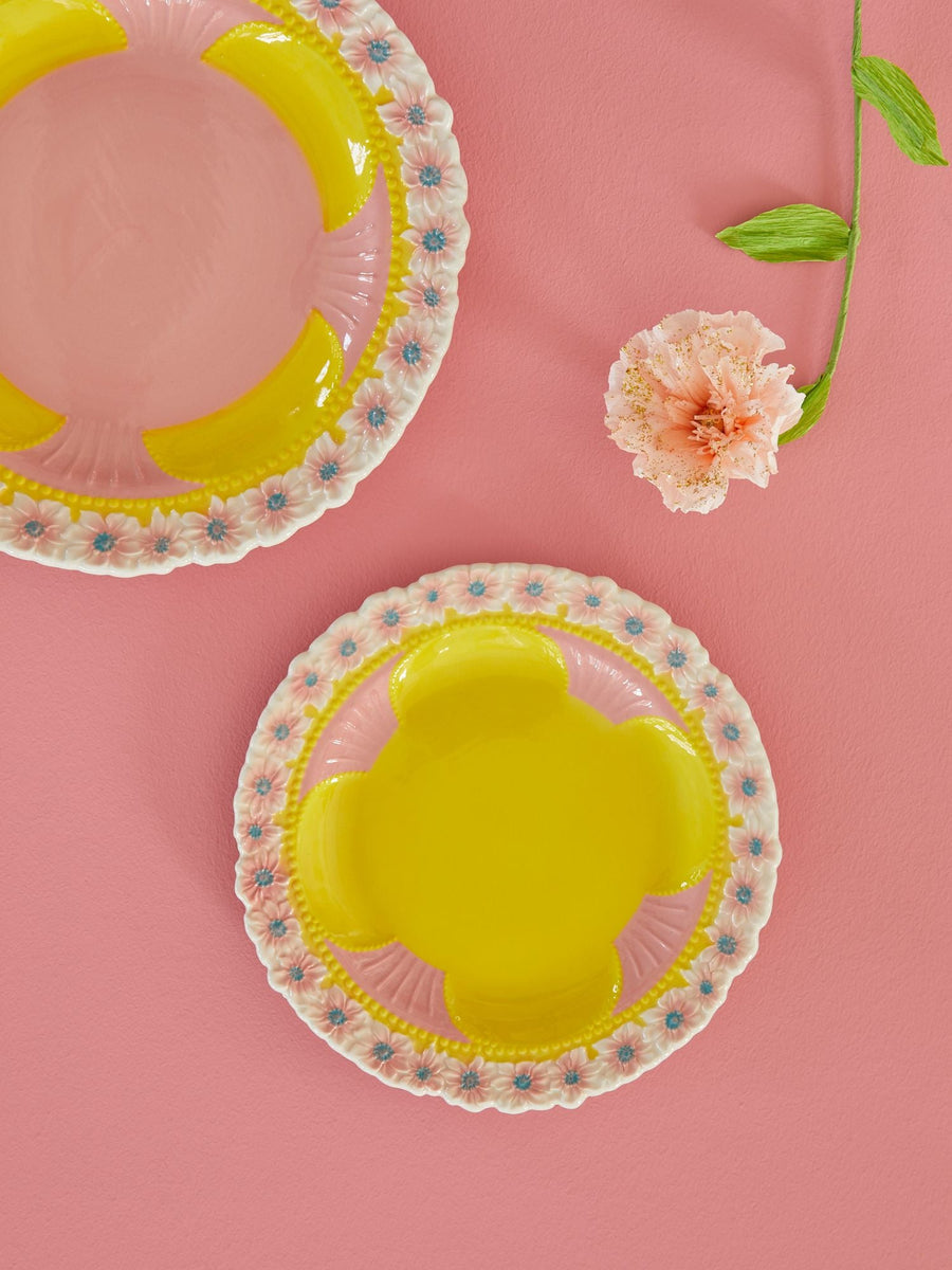 Ceramic Lunch Plate by Rice with Embossed Flower Design - Yellow