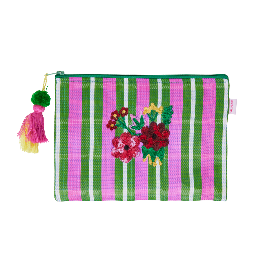 Recycled Plastic Pouch Bag - Flowers - Green and Pink Stripes