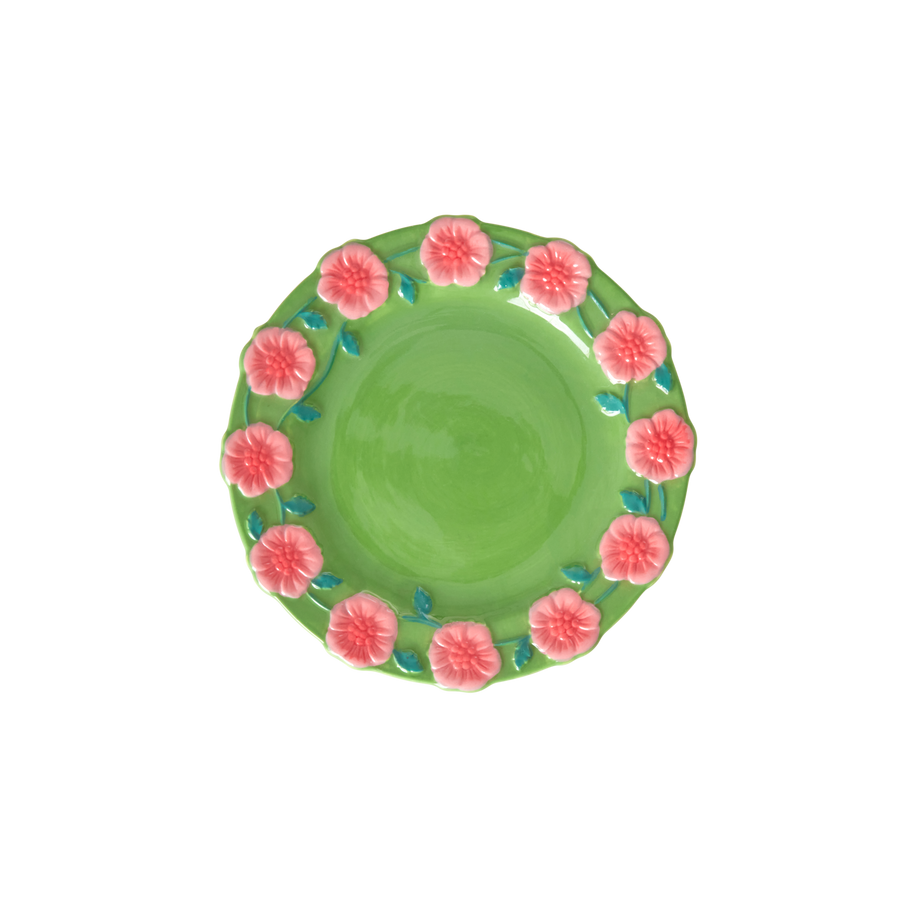 Ceramic Lunch Plate by Rice with Embossed Flower Design - Green